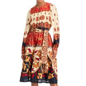 FARM Rio Ainika Tiles Belted Midi Dress, Cream/Red, NWT